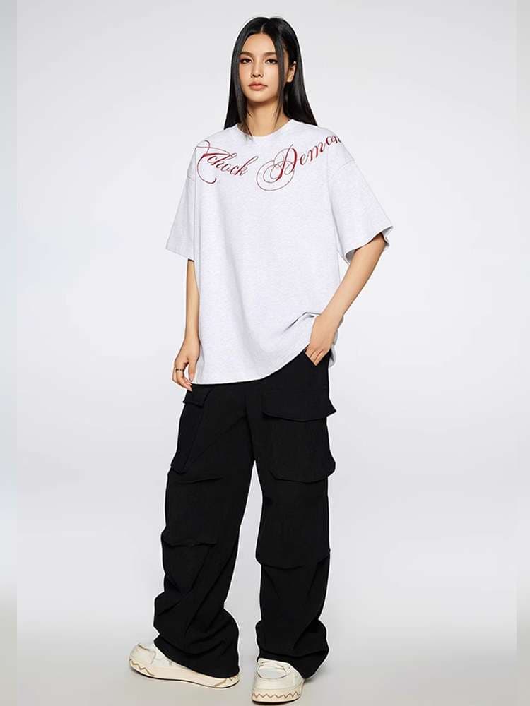 オーバーサイズTシャツ ゆったりシルエット筆記体ロゴ半袖シャツ