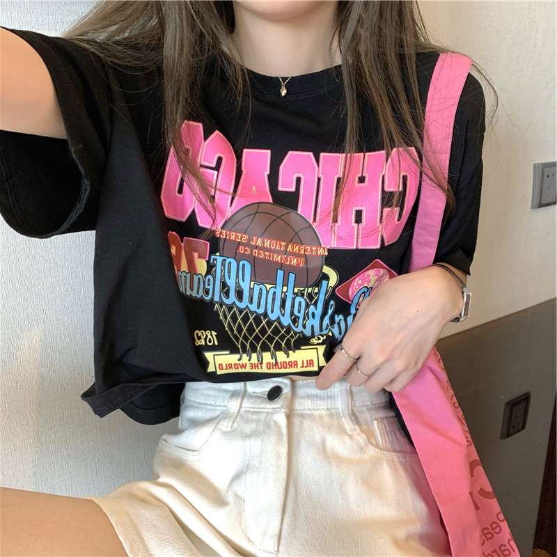 オーバーサイズTシャツ 復古風バスケット柄オーバーサイズ半袖シャツ