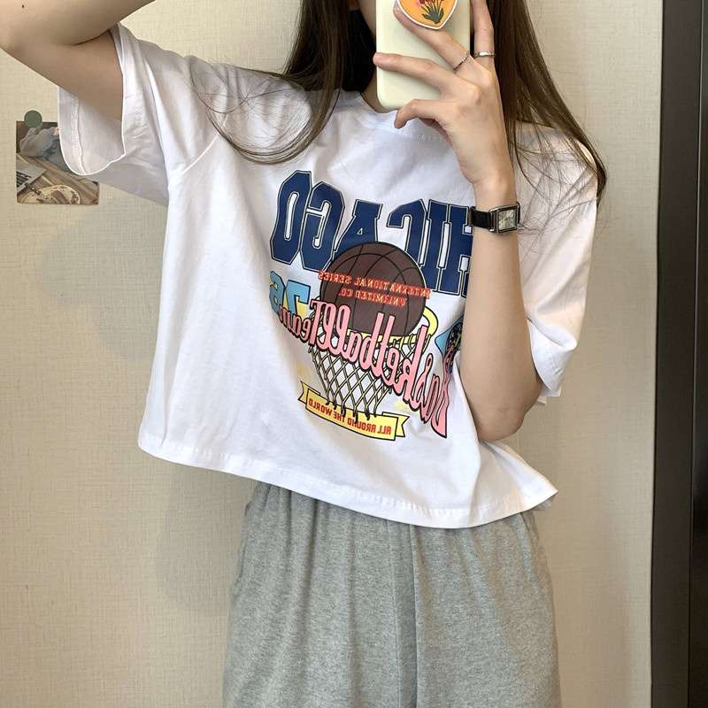 オーバーサイズTシャツ 復古風バスケット柄オーバーサイズ半袖シャツ