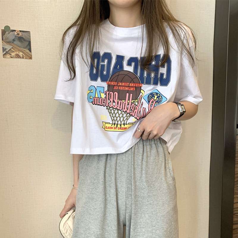 オーバーサイズTシャツ 復古風バスケット柄オーバーサイズ半袖シャツ