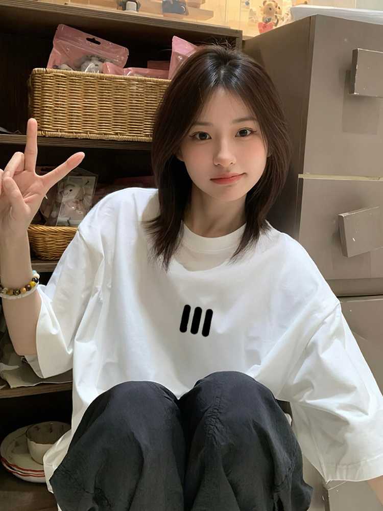 オーバーサイズTシャツ 白色三本線刺繍ゆったり長袖シャツ レディース