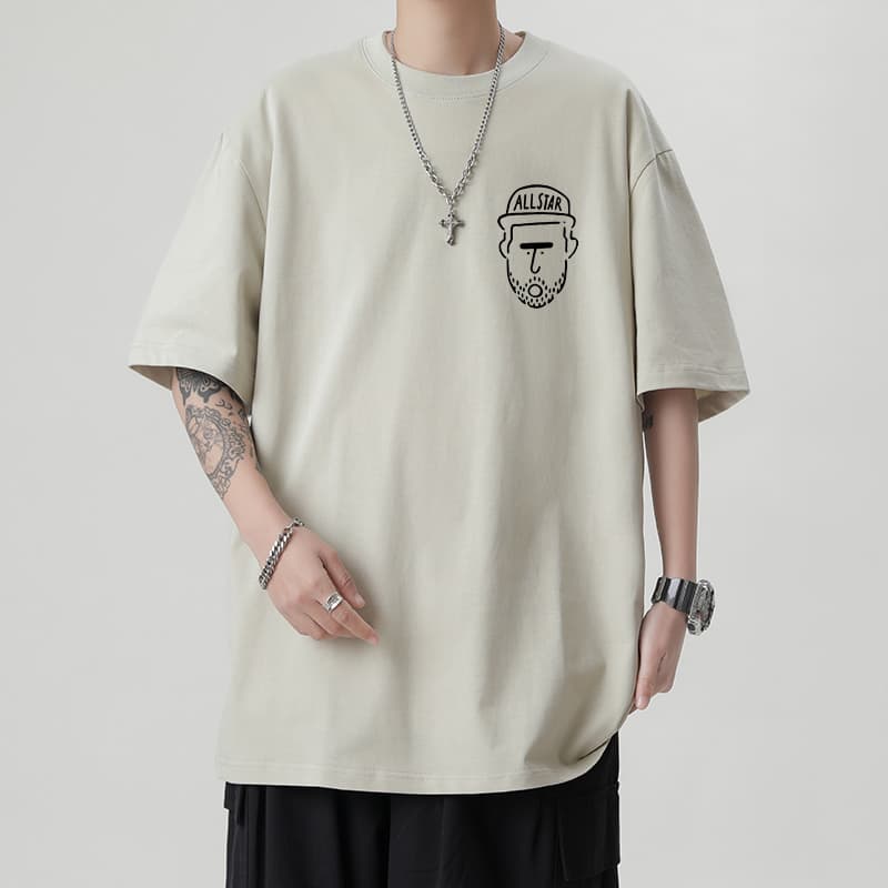 オーバーサイズTシャツ ひげ顔イラストプリント五分袖オーバーサイズシャツ