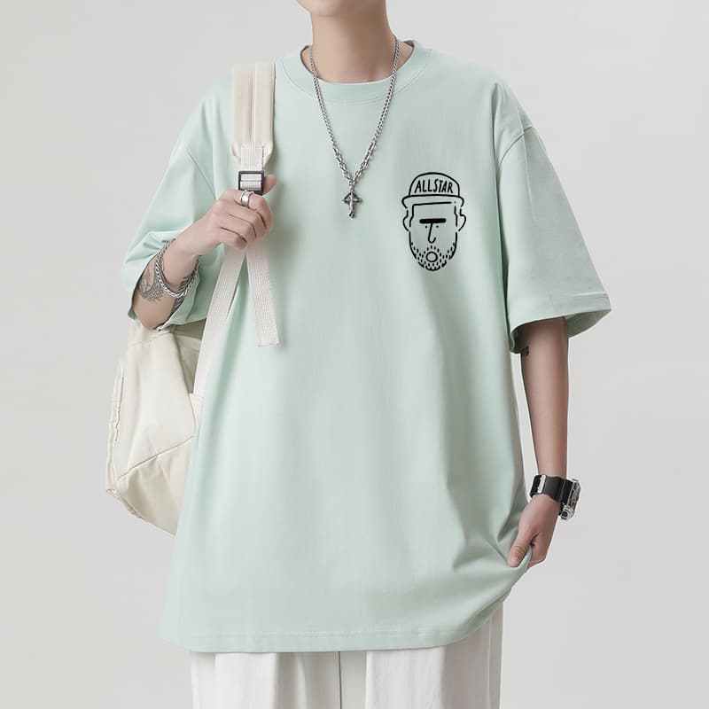 オーバーサイズTシャツ ひげ顔イラストプリント五分袖オーバーサイズシャツ