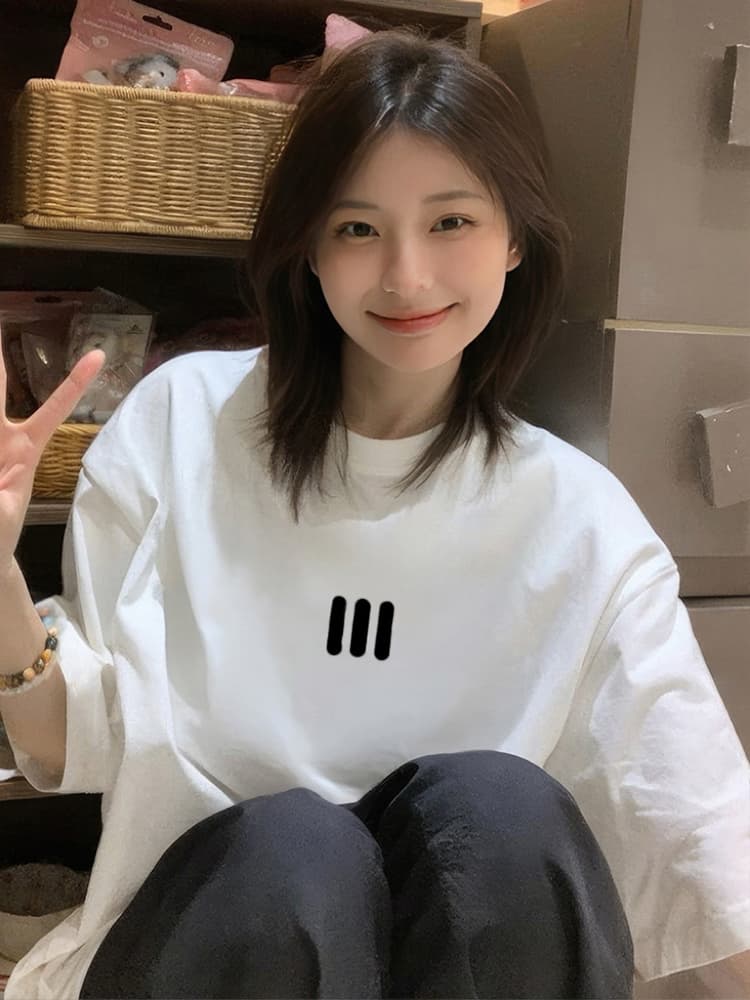 オーバーサイズTシャツ 白色三本線刺繍ゆったり長袖シャツ レディース