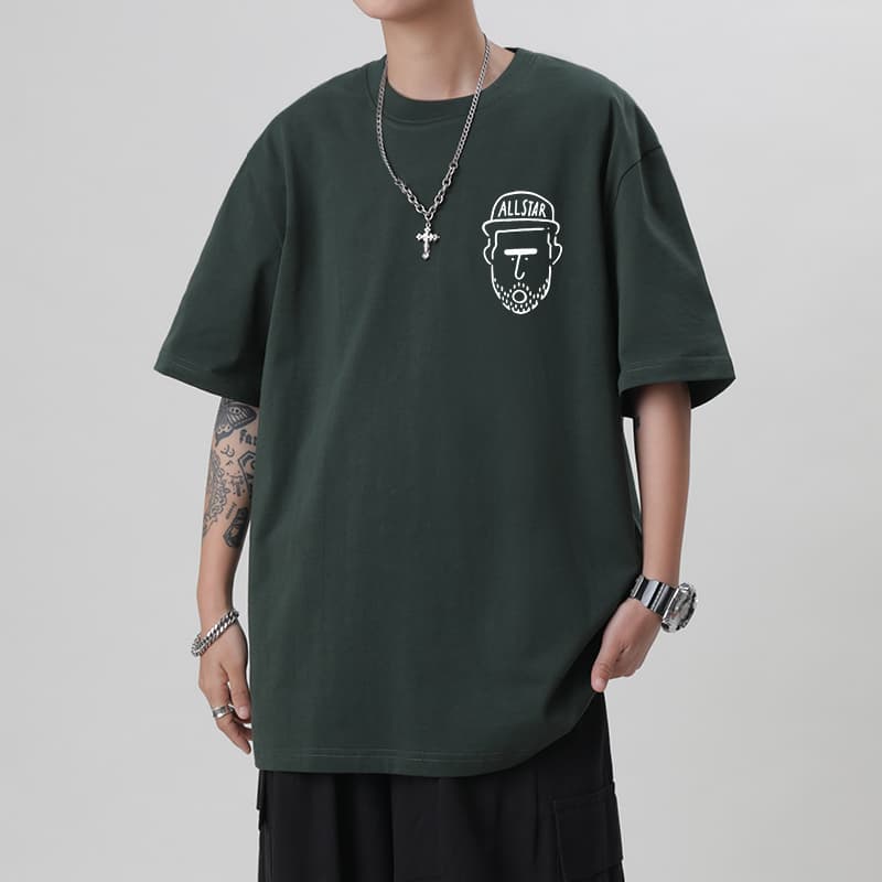 オーバーサイズTシャツ ひげ顔イラストプリント五分袖オーバーサイズシャツ