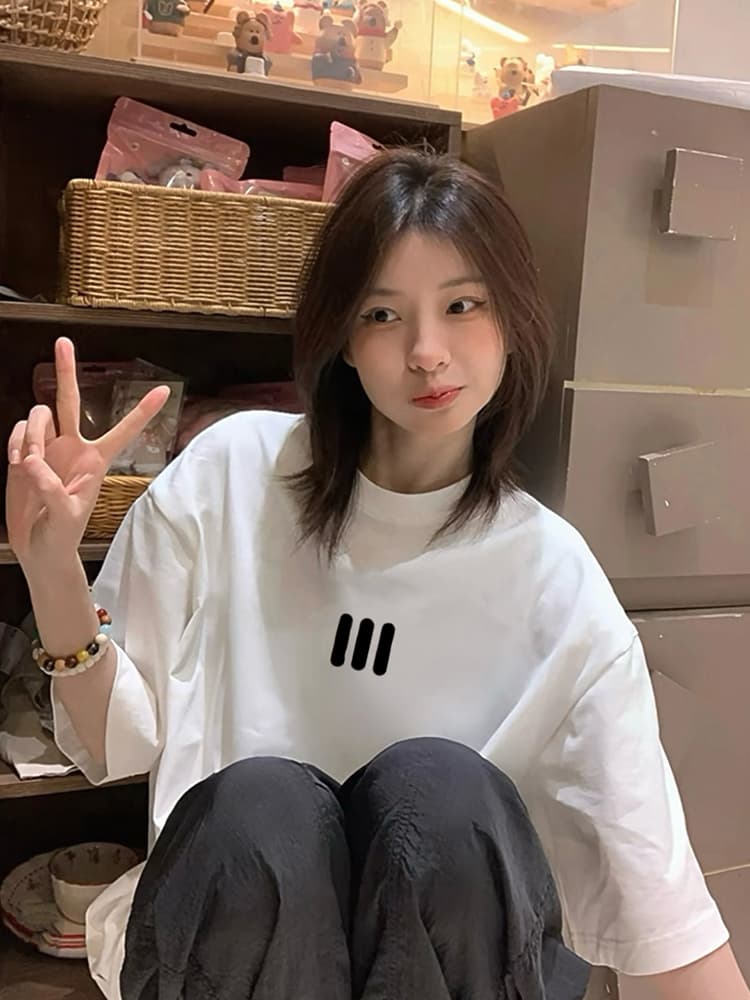 オーバーサイズTシャツ 白色三本線刺繍ゆったり長袖シャツ レディース