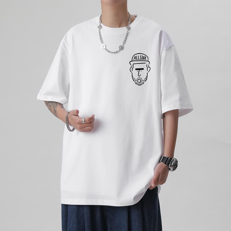 オーバーサイズTシャツ ひげ顔イラストプリント五分袖オーバーサイズシャツ