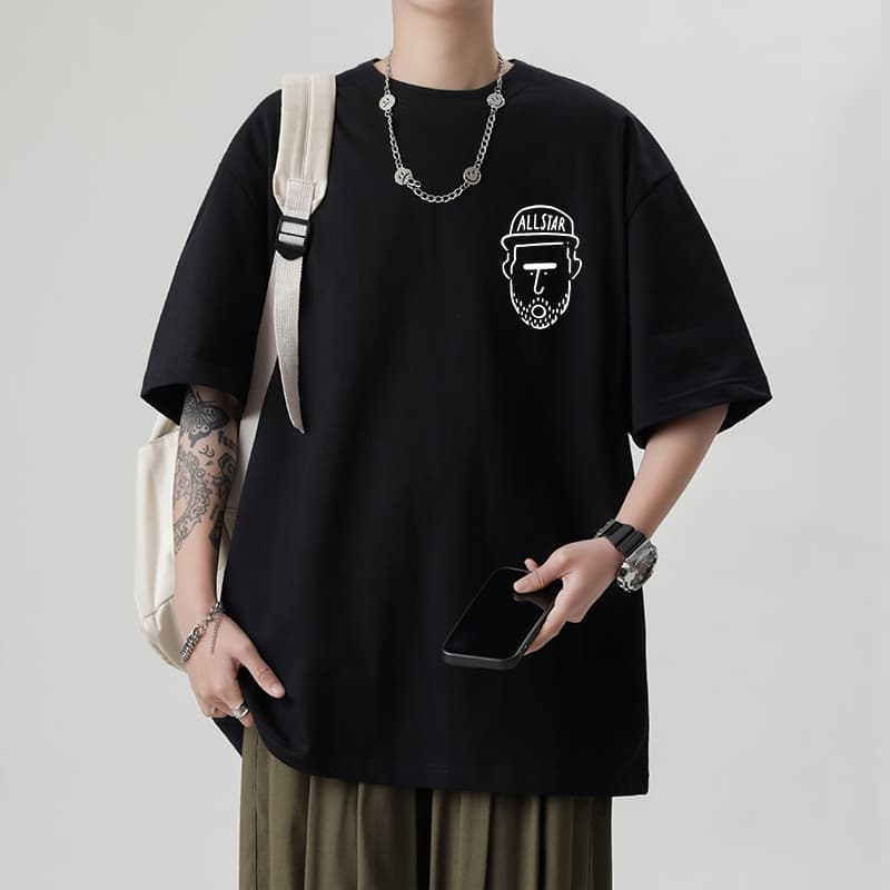 オーバーサイズTシャツ ひげ顔イラストプリント五分袖オーバーサイズシャツ