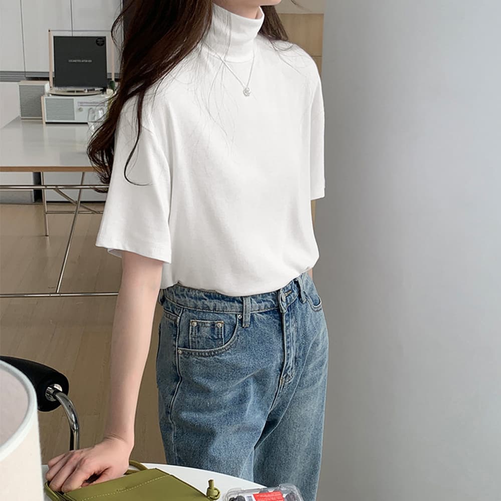 オーバーサイズTシャツ ハイネック半袖オーバーサイズ薄手シャツ レディース