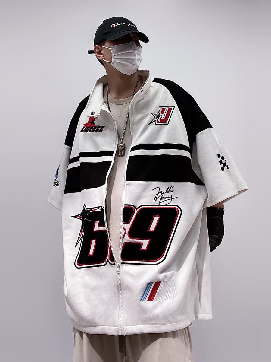 オーバーサイズTシャツ レーシング風半袖ジップジャケット