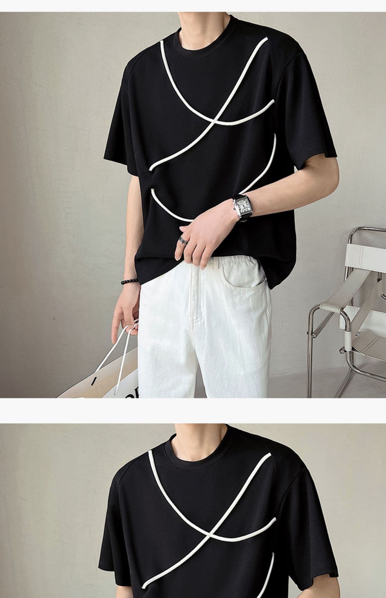 オーバーサイズTシャツ メンズ曲線ラインデザイン ゆったり半袖