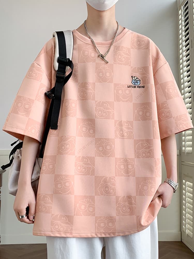 オーバーサイズTシャツ 市松模様キャラクター刺繍ゆったりシャツ
