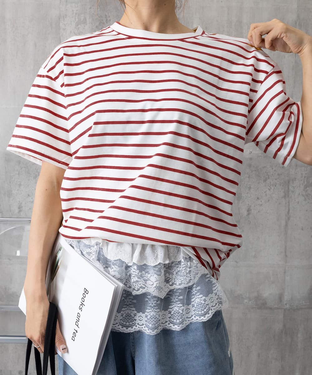 オーバーサイズTシャツ 配色ボーダー柄半袖オーバーサイズティーシャツ