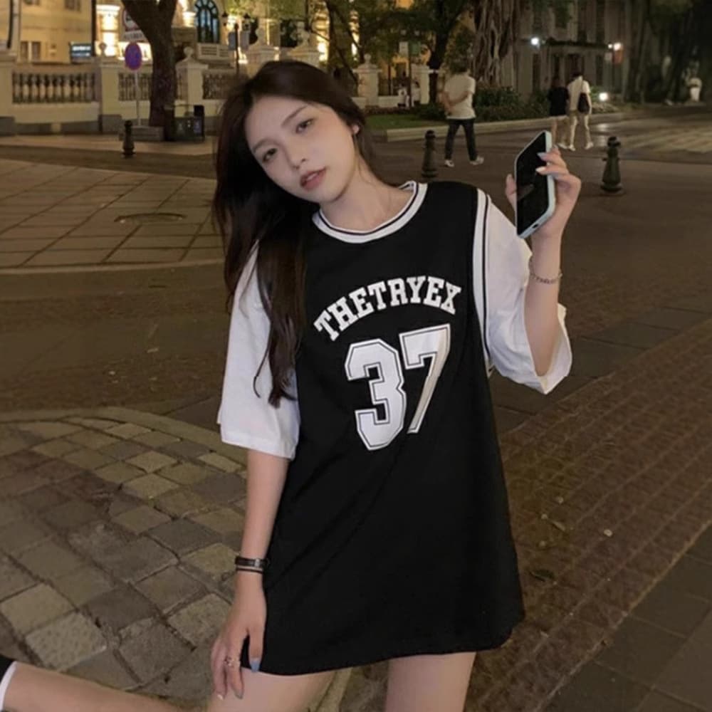 オーバーサイズTシャツ レイヤード風バスケタンクトップ
