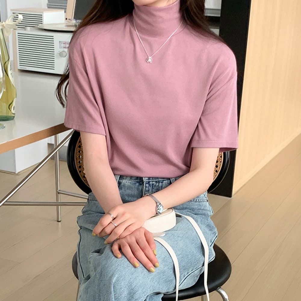 オーバーサイズTシャツ ハイネック半袖オーバーサイズ薄手シャツ レディース