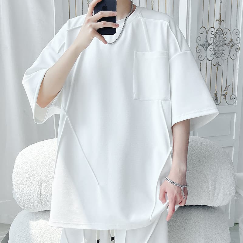 オーバーサイズTシャツ シンプル胸ポケット付きメンズゆったりＴシャツ