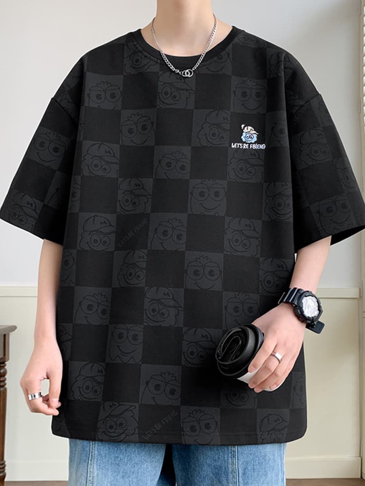 オーバーサイズTシャツ 市松模様キャラクター刺繍ゆったりシャツ