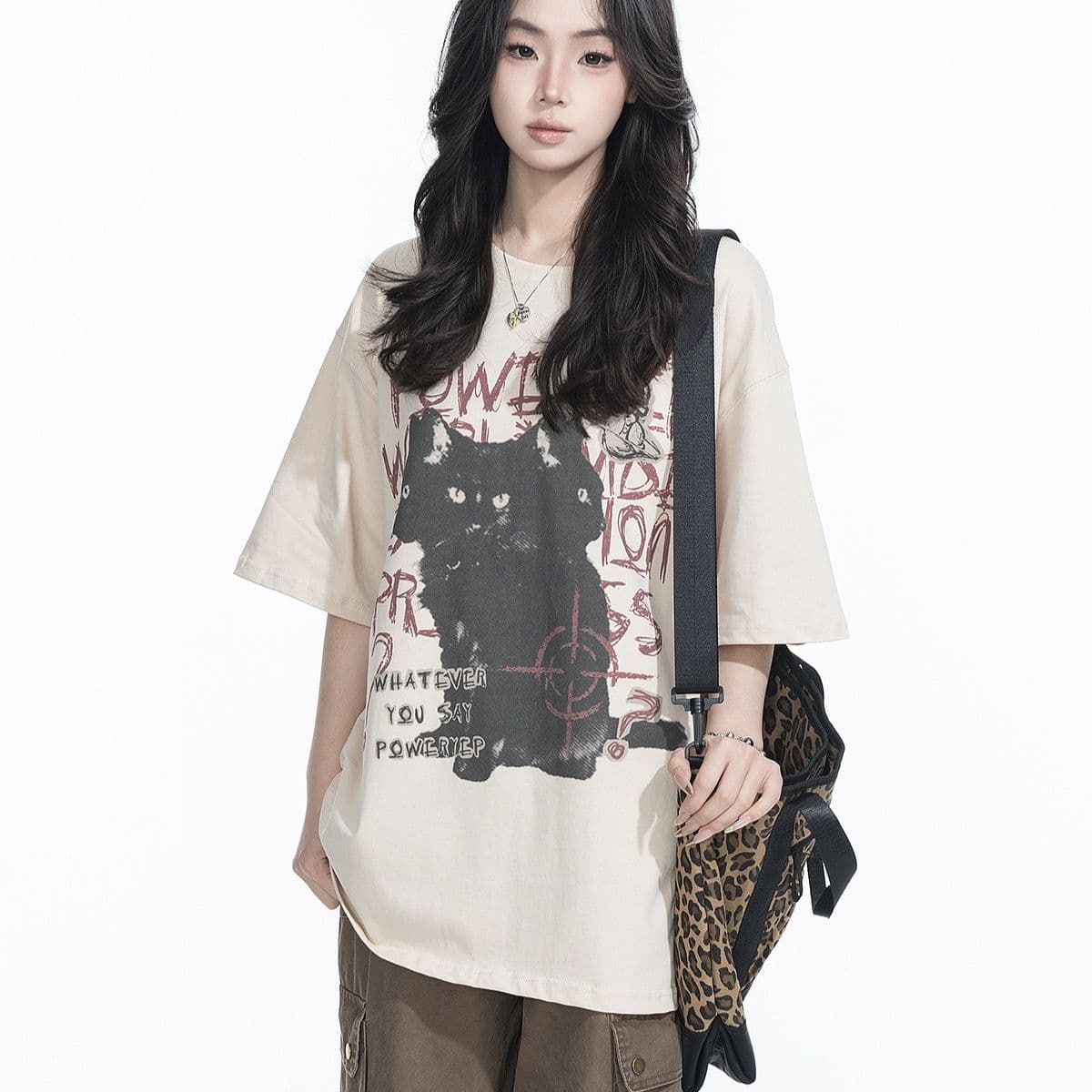オーバーサイズTシャツ 猫柄アートプリント半袖ゆったりシャツ