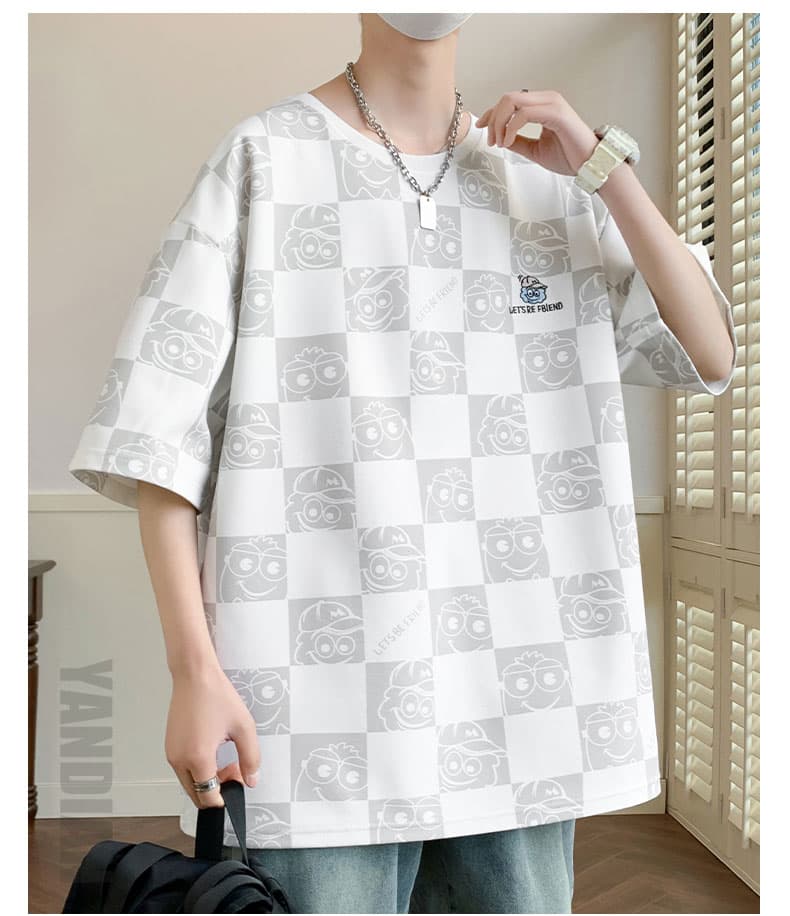 オーバーサイズTシャツ 市松模様キャラクター刺繍ゆったりシャツ