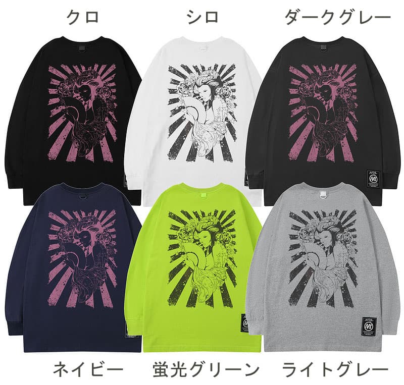オーバーサイズTシャツ 和風アート オーバーサイズ長袖ティーシャツ 男女兼用 全2色