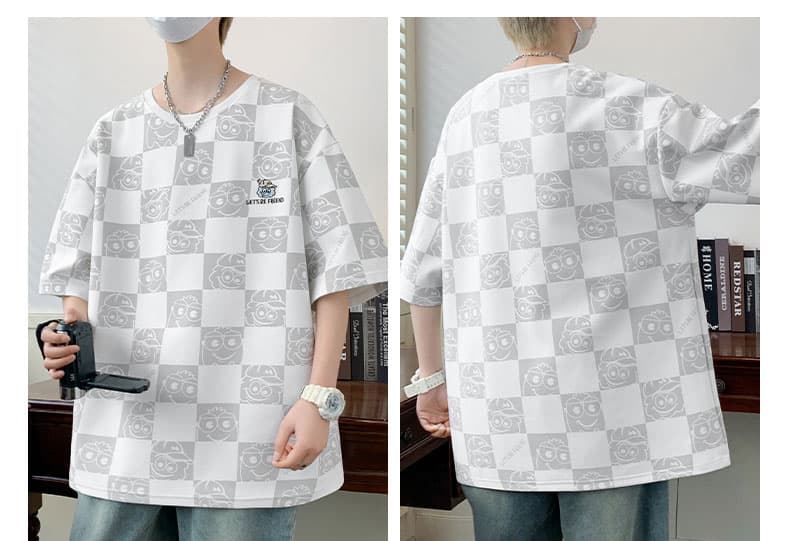 オーバーサイズTシャツ 市松模様キャラクター刺繍ゆったりシャツ