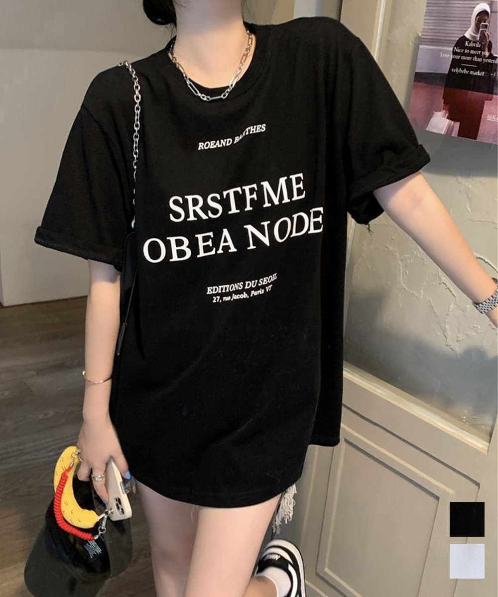 オーバーサイズTシャツ 文字印刷半袖Tシャツ 韓国風ゆったりトップス