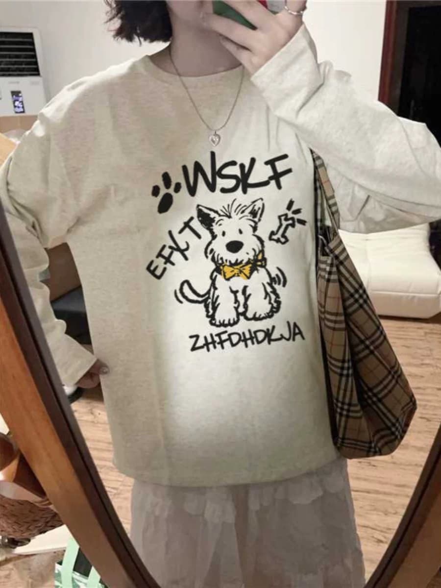 オーバーサイズTシャツ わんちゃんイラスト付き ゆったりトップス