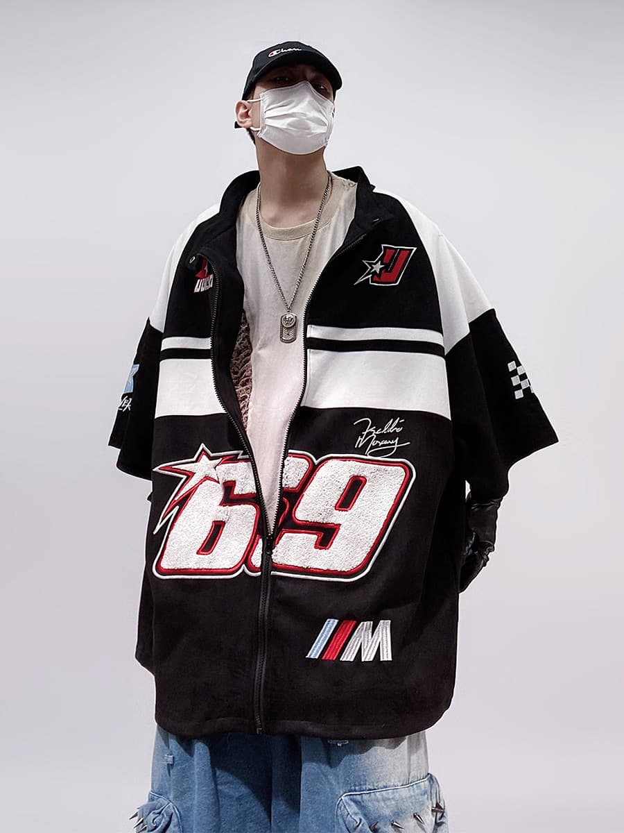 オーバーサイズTシャツ レーシング風半袖ジップジャケット