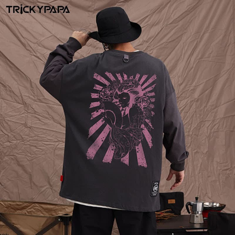 オーバーサイズTシャツ 和風アート オーバーサイズ長袖ティーシャツ 男女兼用 全2色