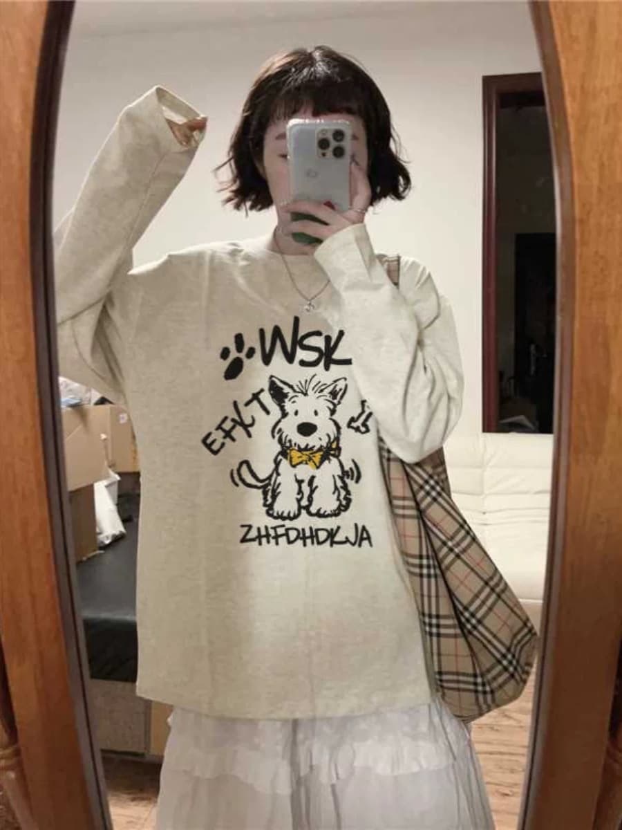 オーバーサイズTシャツ わんちゃんイラスト付き ゆったりトップス