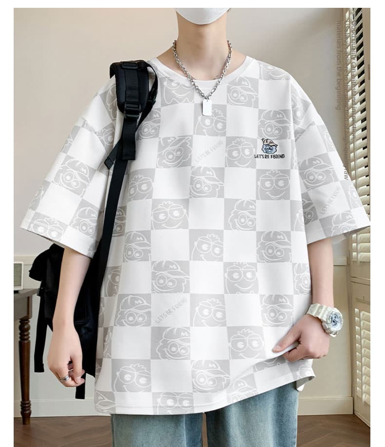 オーバーサイズTシャツ 市松模様キャラクター刺繍ゆったりシャツ