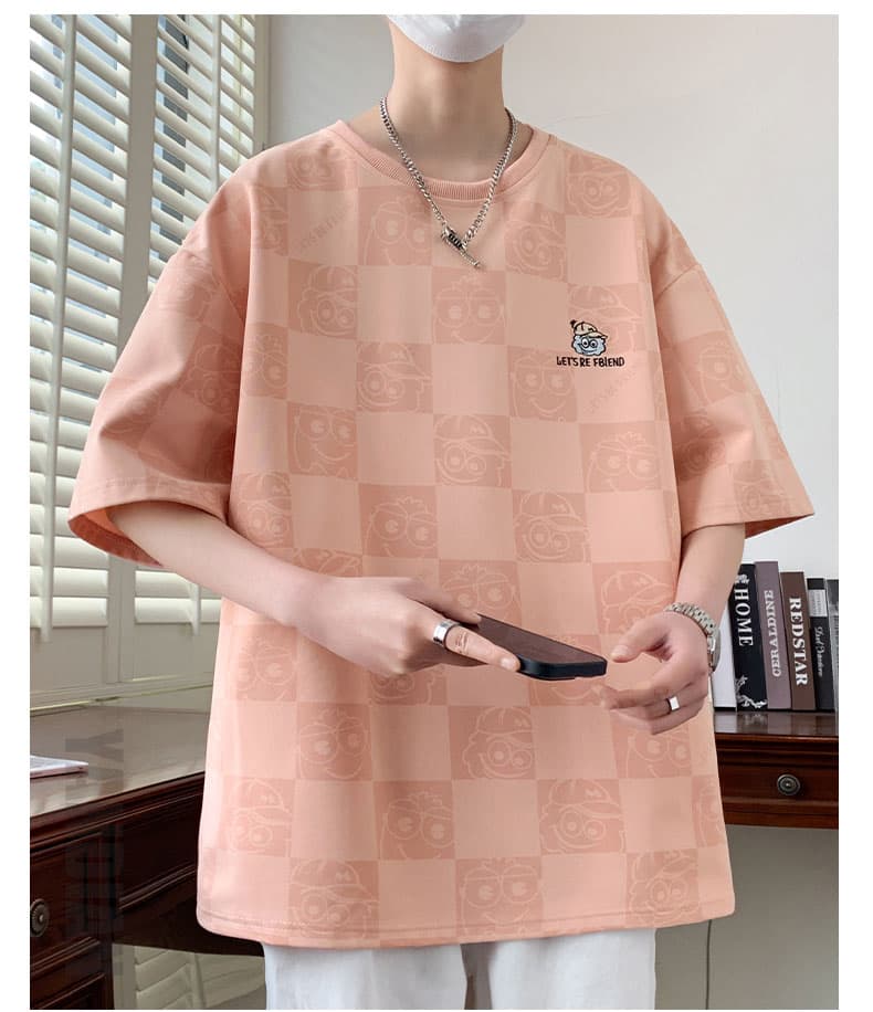 オーバーサイズTシャツ 市松模様キャラクター刺繍ゆったりシャツ