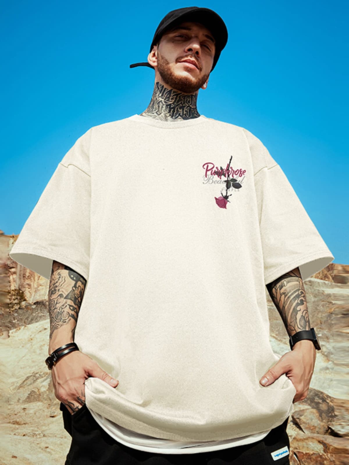 オーバーサイズTシャツ 紫薔薇モチーフ オーバーサイズ半袖