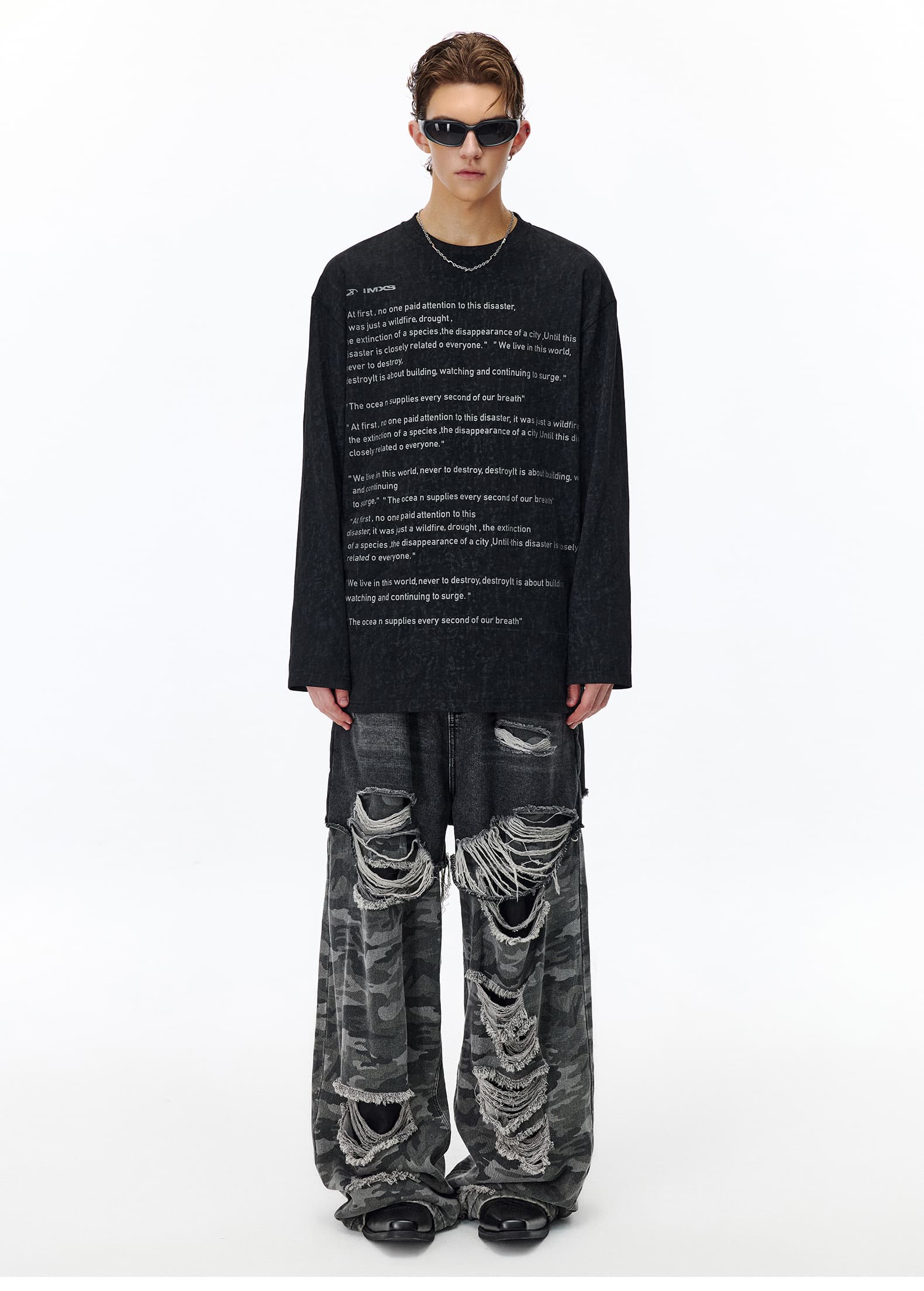 オーバーサイズTシャツ 詩的メッセージプリント長袖ティー