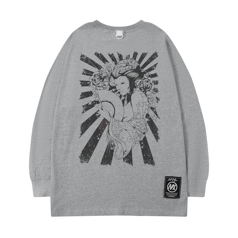 オーバーサイズTシャツ 和風アート オーバーサイズ長袖ティーシャツ 男女兼用 全2色