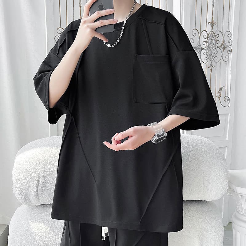 オーバーサイズTシャツ シンプル胸ポケット付きメンズゆったりＴシャツ