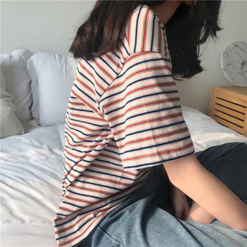 オーバーサイズTシャツ なめらかボーダーゆったり半袖