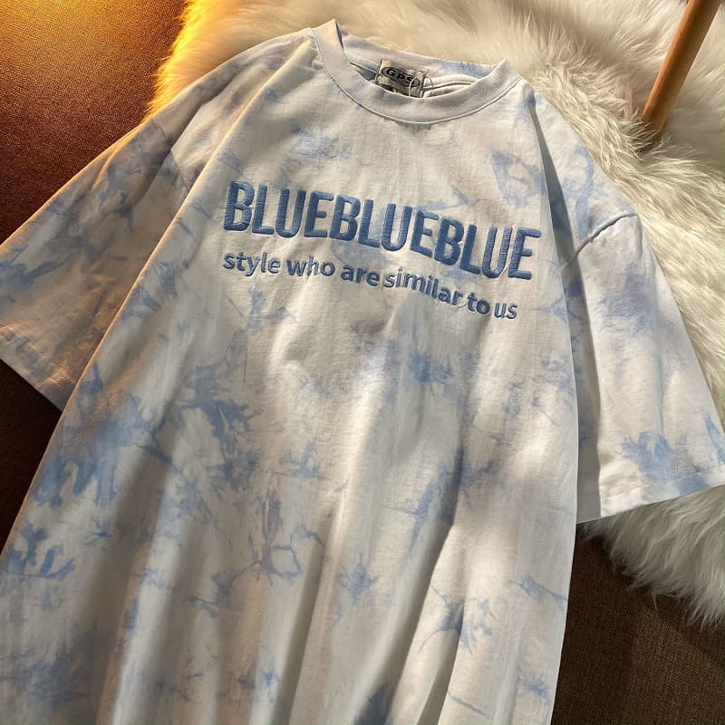 オーバーサイズTシャツ 絞り染めロゴデザインゆったりシャツ