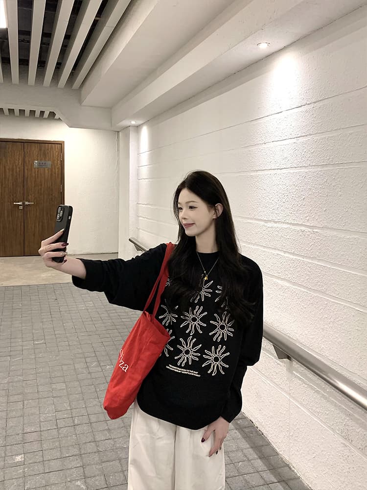 オーバーサイズTシャツ 雪花模様デザイン ゆったりプルオーバー