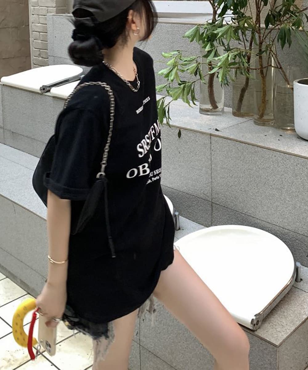 オーバーサイズTシャツ 文字印刷半袖Tシャツ 韓国風ゆったりトップス