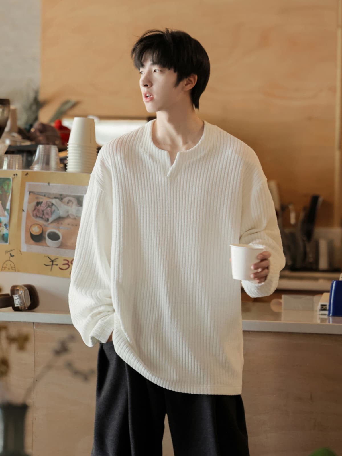 オーバーサイズTシャツ リブ編み襟抜きゆったりプルオーバー