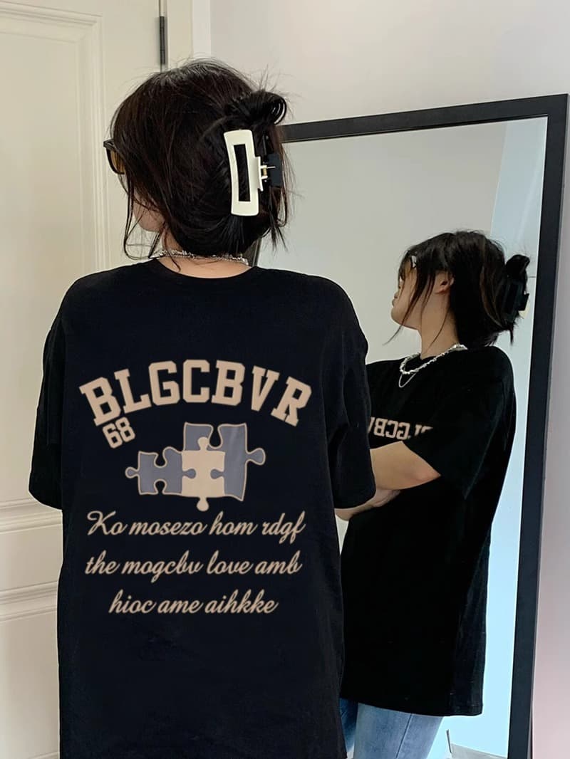 オーバーサイズTシャツ パズルモチーフ ゆったり半袖シャツ