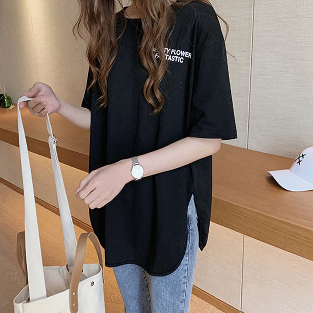 オーバーサイズTシャツ 韓国風ロゴ入りオーバーサイズ半袖シャツ レディース