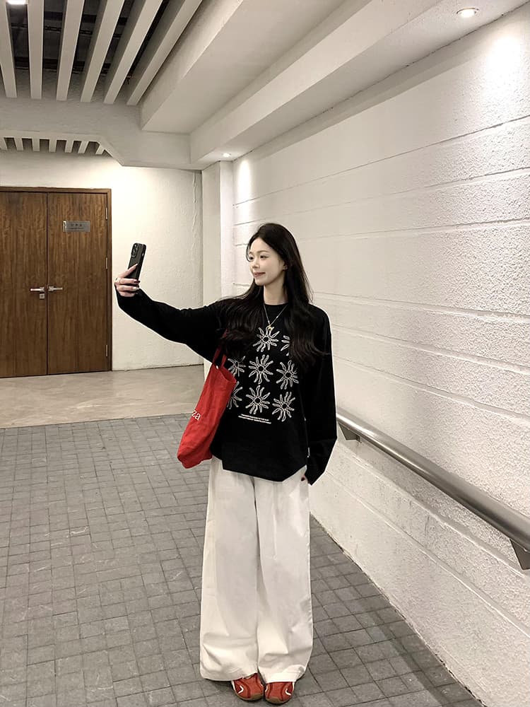 オーバーサイズTシャツ 雪花模様デザイン ゆったりプルオーバー