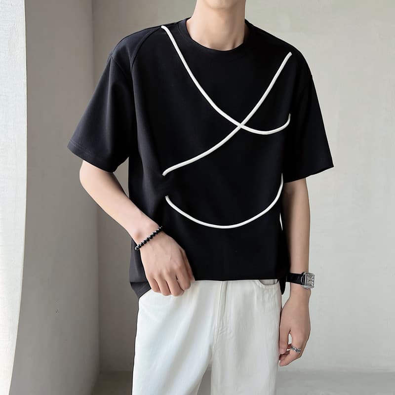 オーバーサイズTシャツ メンズ曲線ラインデザイン ゆったり半袖