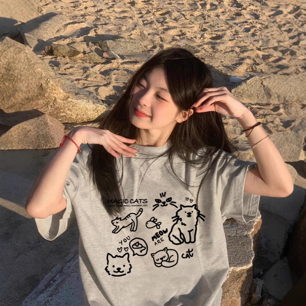 オーバーサイズTシャツ ゆるかわ猫イラスト ゆったりティー