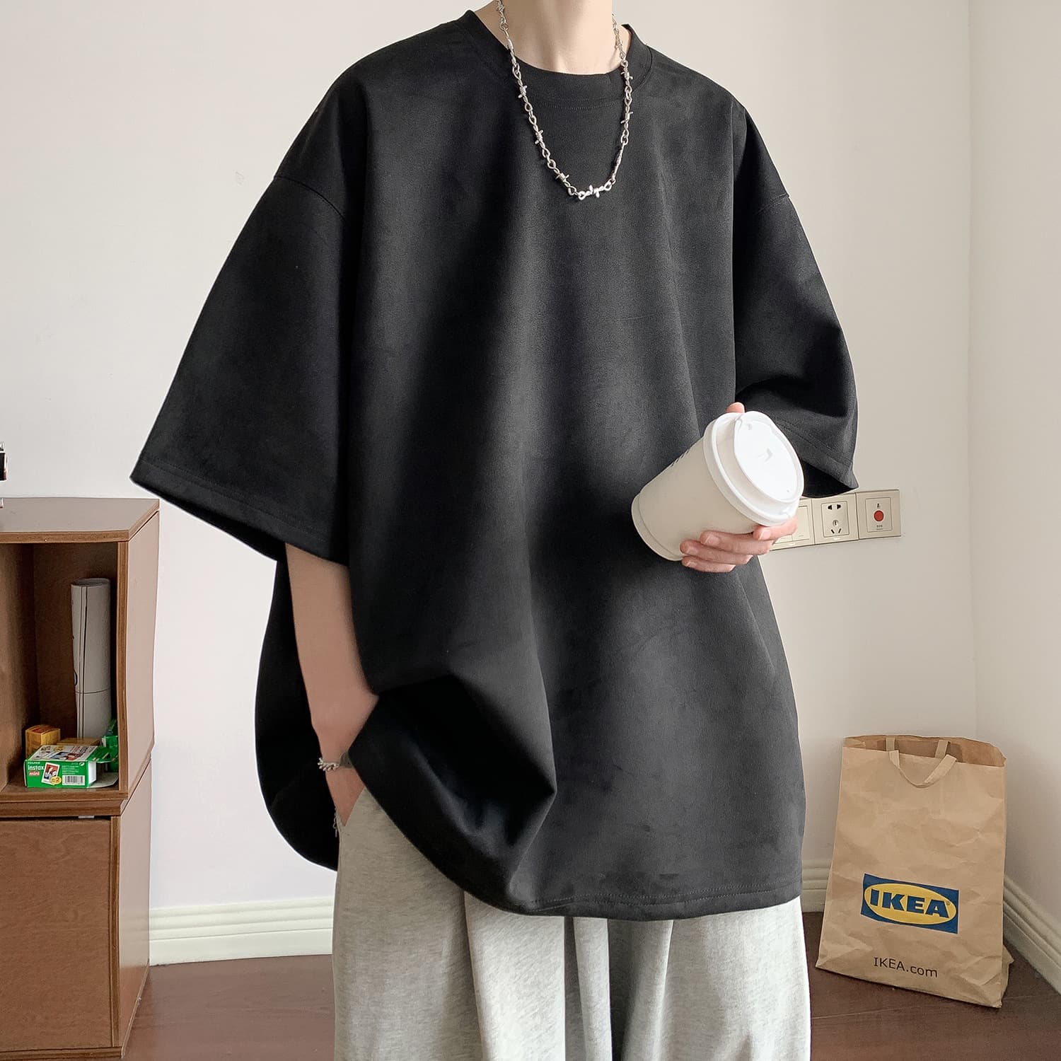 オーバーサイズTシャツ メンズゆったりシルエット 五分袖無地Tシャツ