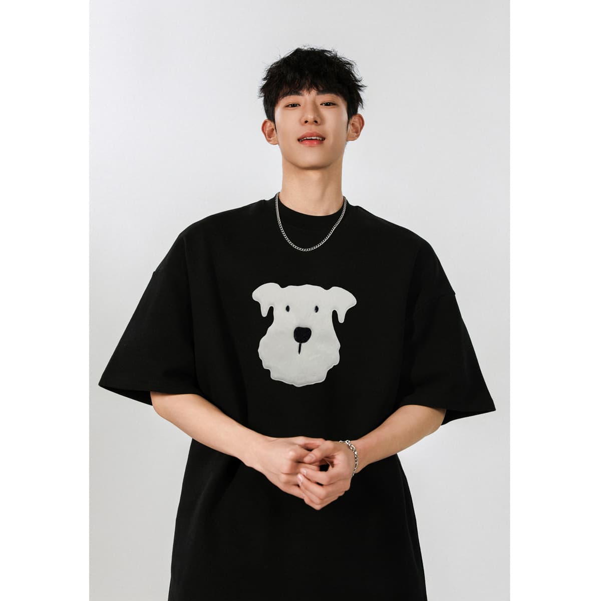 オーバーサイズTシャツ 犬プリント オーバーサイズ半袖シャツ メンズ