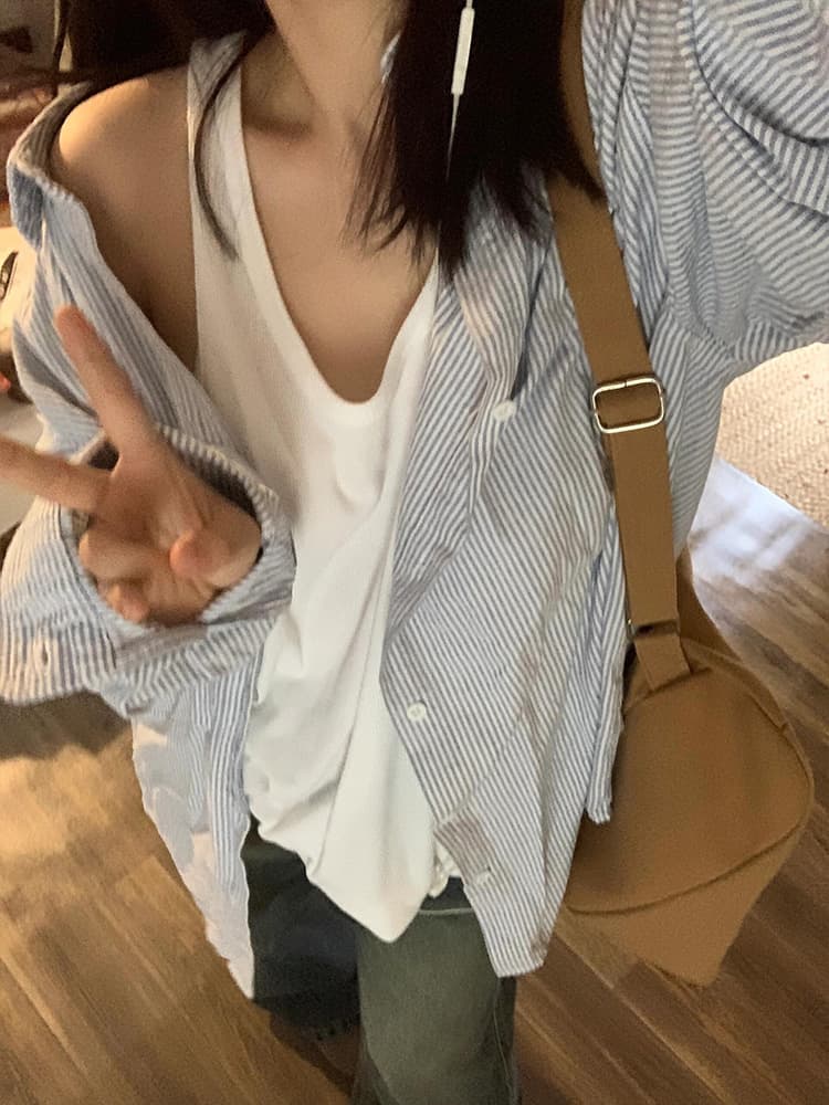 オーバーサイズTシャツ 爽やか縞模様オーバーシャツ