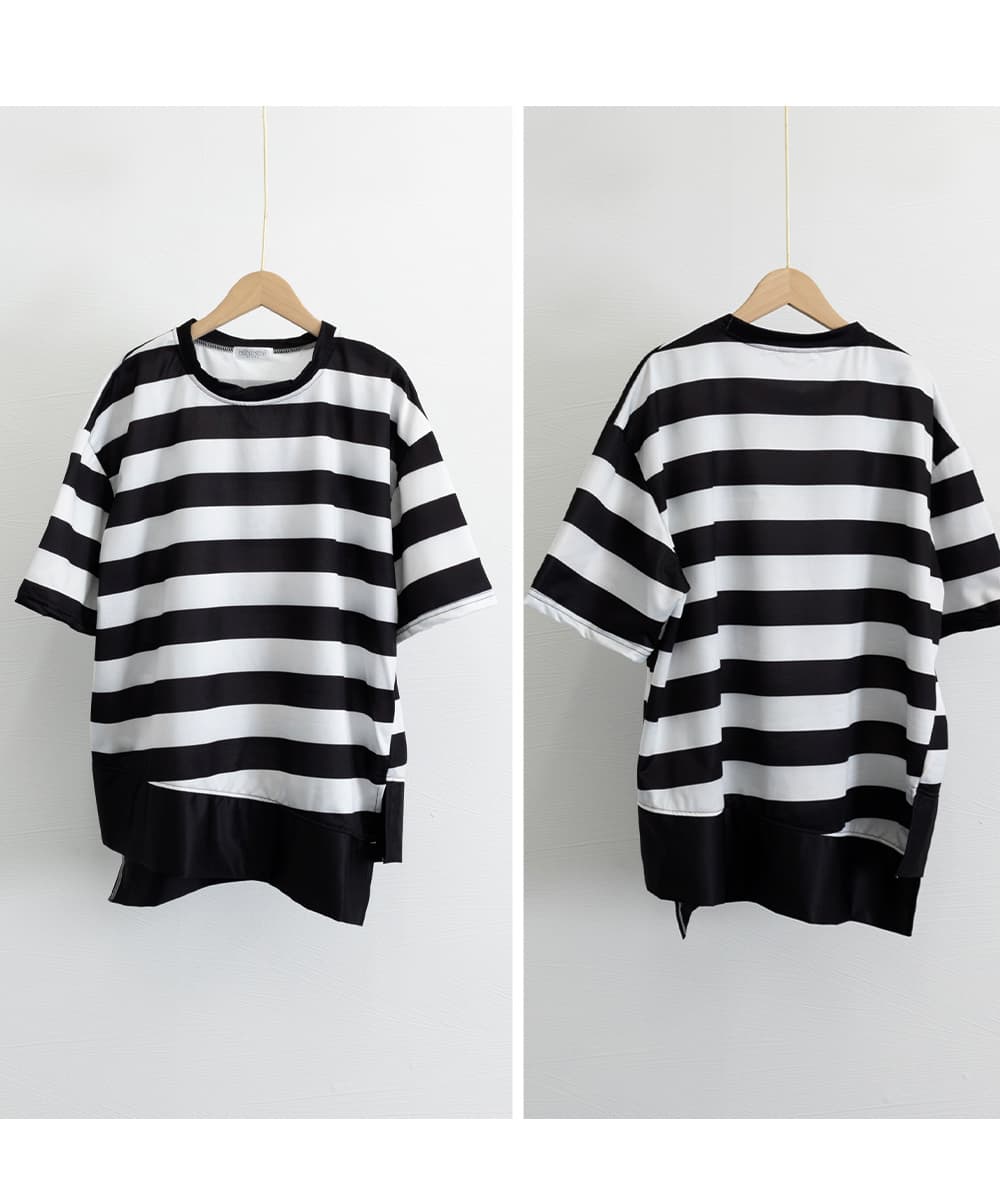 オーバーサイズTシャツ ボーダー柄オーバーサイズ半袖チュニック丈シャツ